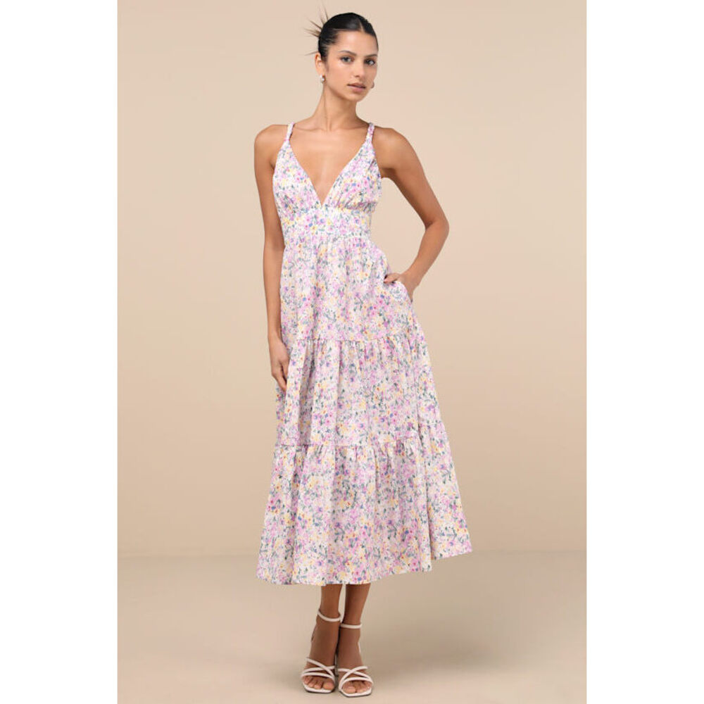 Lulus Brightly Blossoming Pink Multi Floral Tiered Midi Dress - Size M